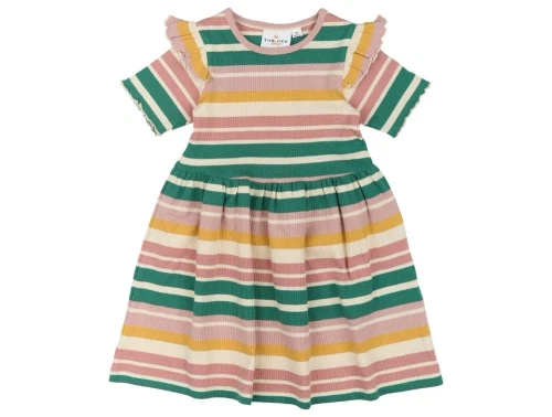 Multifarvet stribet kjole med korte ærmer og flæser fra The New Siblings TNST6238 Ocean dress multi stripe